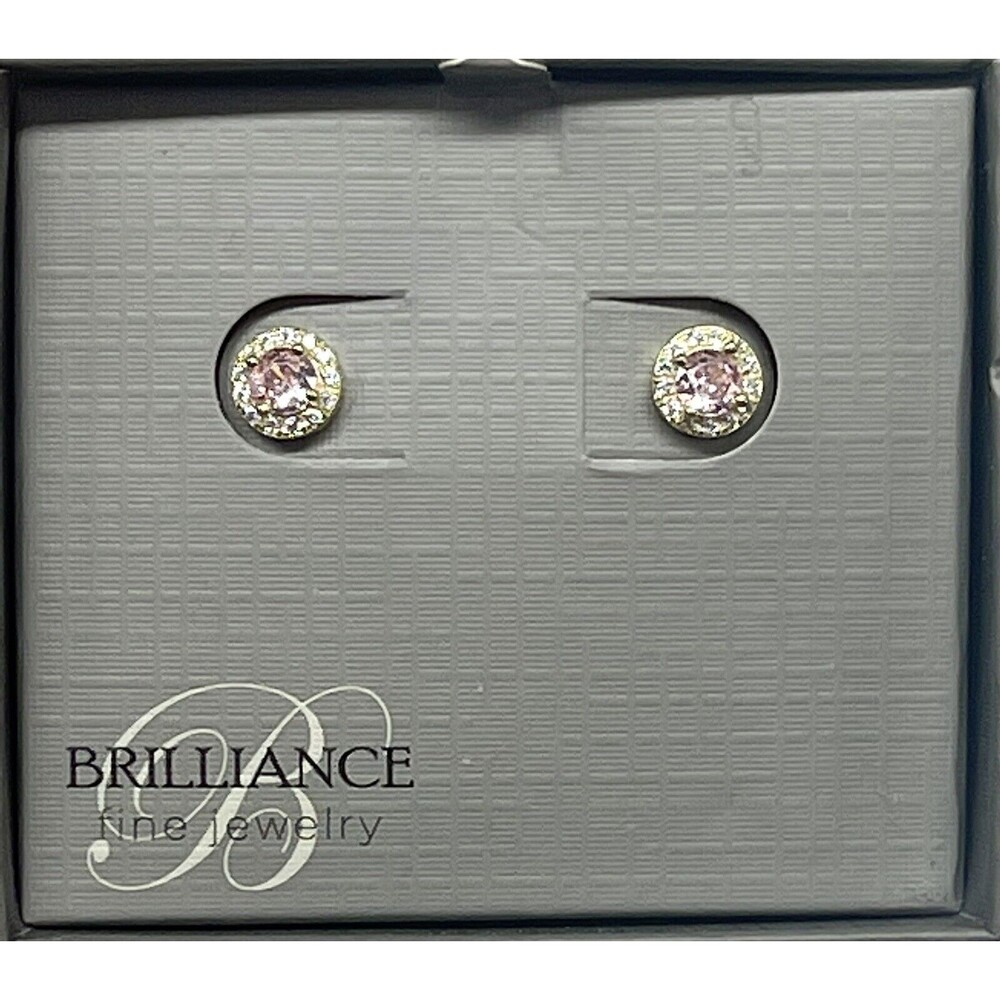 Brilliance Fine Jewelry Gold Over 925 SS Pink & Clear CZ Halo Stud Earrings